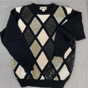 Vintage Alfred Dunner Sequin Sweater Diamond Patterns Black White Medium‎